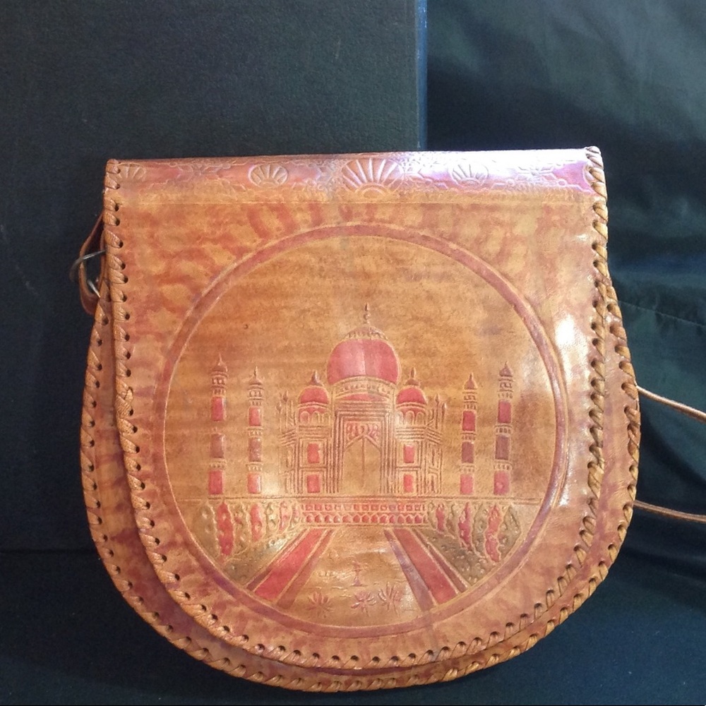 1980's Brown Tooled Leather Handbag Tooled